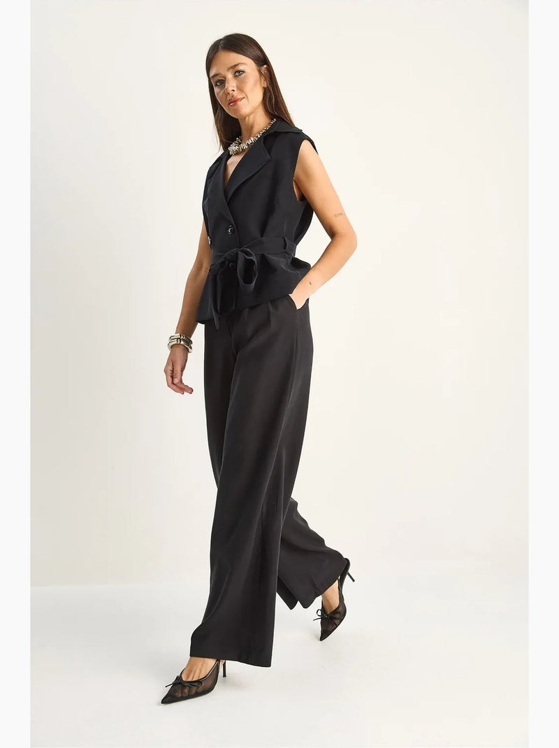 Conjunto coordinado de talle alto con pierna ancha y cuello chal lucci Negro - Kiabi