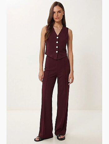 Conjunto coordinado de tiro alto con escote en v, botones y pernera ancha istanbul