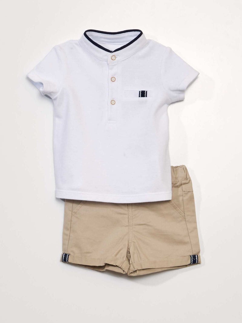 Conjunto de 2 piezas - Camiseta estilo polo + pantalón corto de sarga BEIGE - Kiabi
