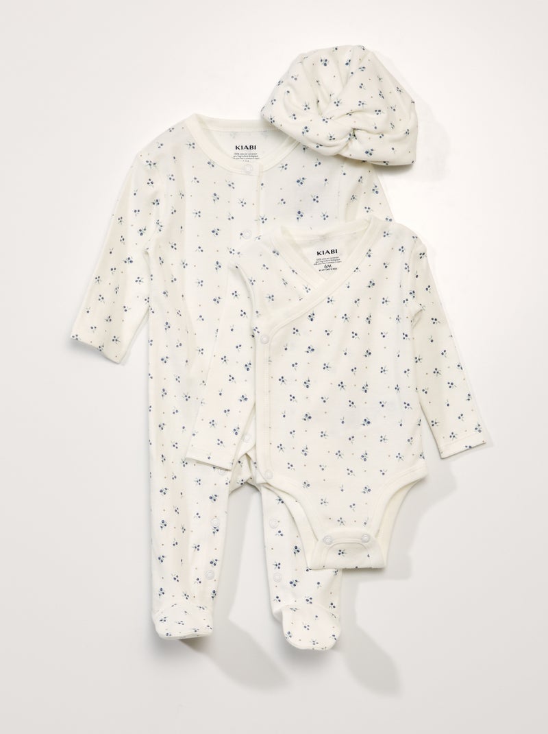 Conjunto de 3 piezas con body + pijama + gorro BLANCO - Kiabi