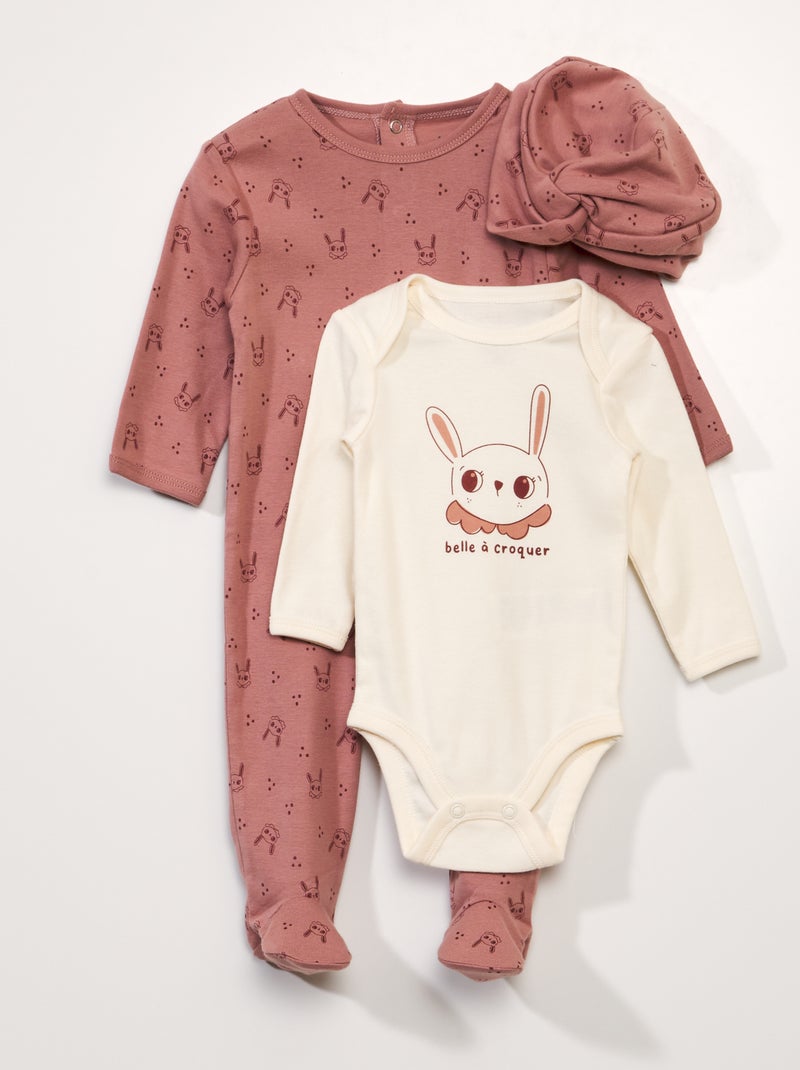 Conjunto de 3 piezas con body + pijama + gorro ROSA - Kiabi