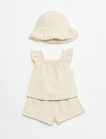 Conjunto de 3 piezas de punto acanalado - Pantalón corto + camiseta + gorro pescador