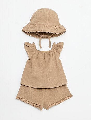 Conjunto de 3 piezas de punto acanalado - Pantalón corto + camiseta + gorro pescador