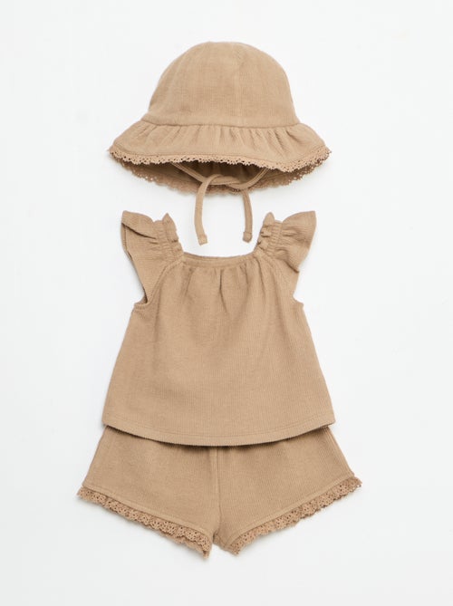 Conjunto de 3 piezas de punto acanalado - Pantalón corto + camiseta + gorro pescador - Kiabi