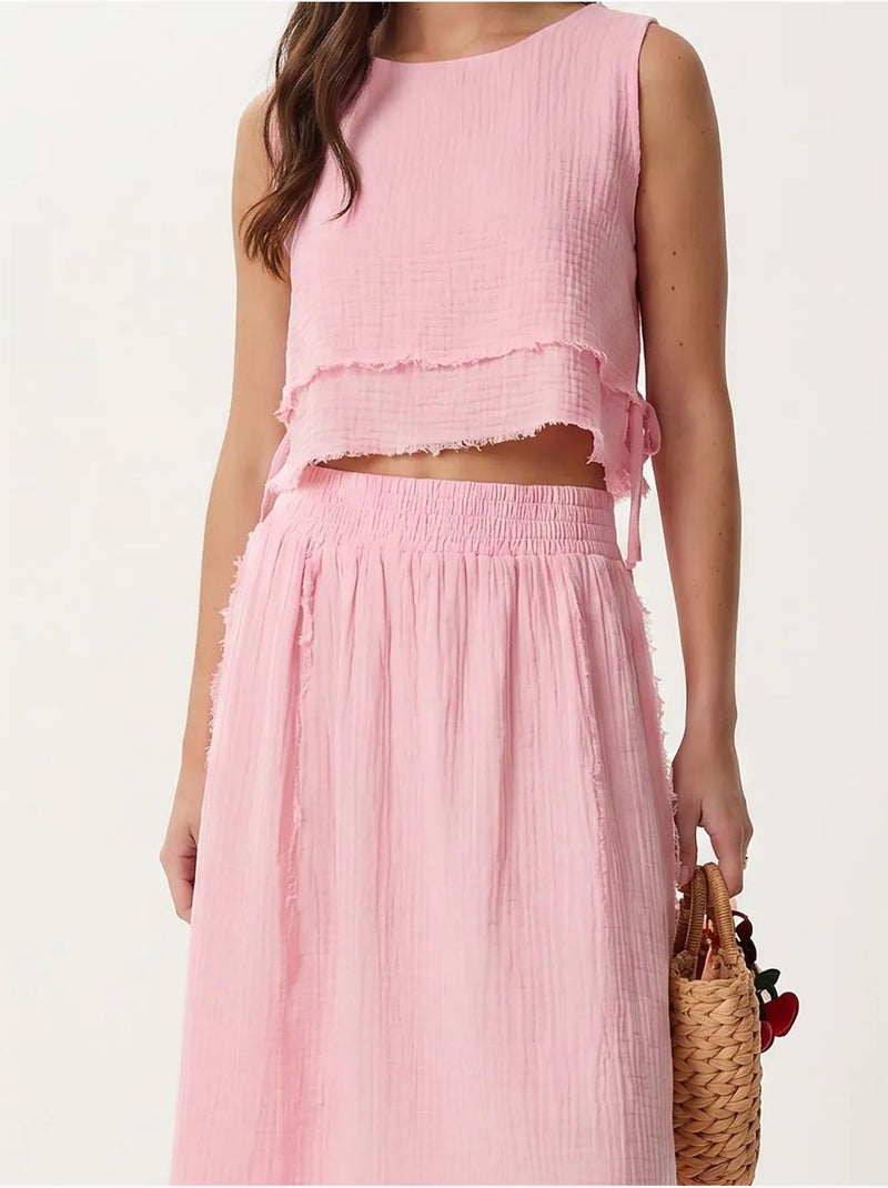 Conjunto de algodón con blusa sin mangas y falda midi istanbul Rosa claro - Kiabi
