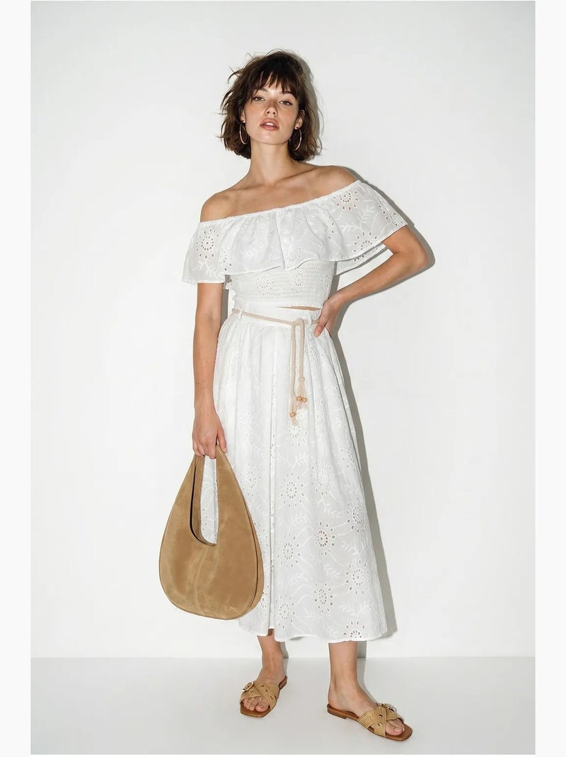 Conjunto de blusa bordada con escote bardot y falda midi lucci Blanco - Kiabi