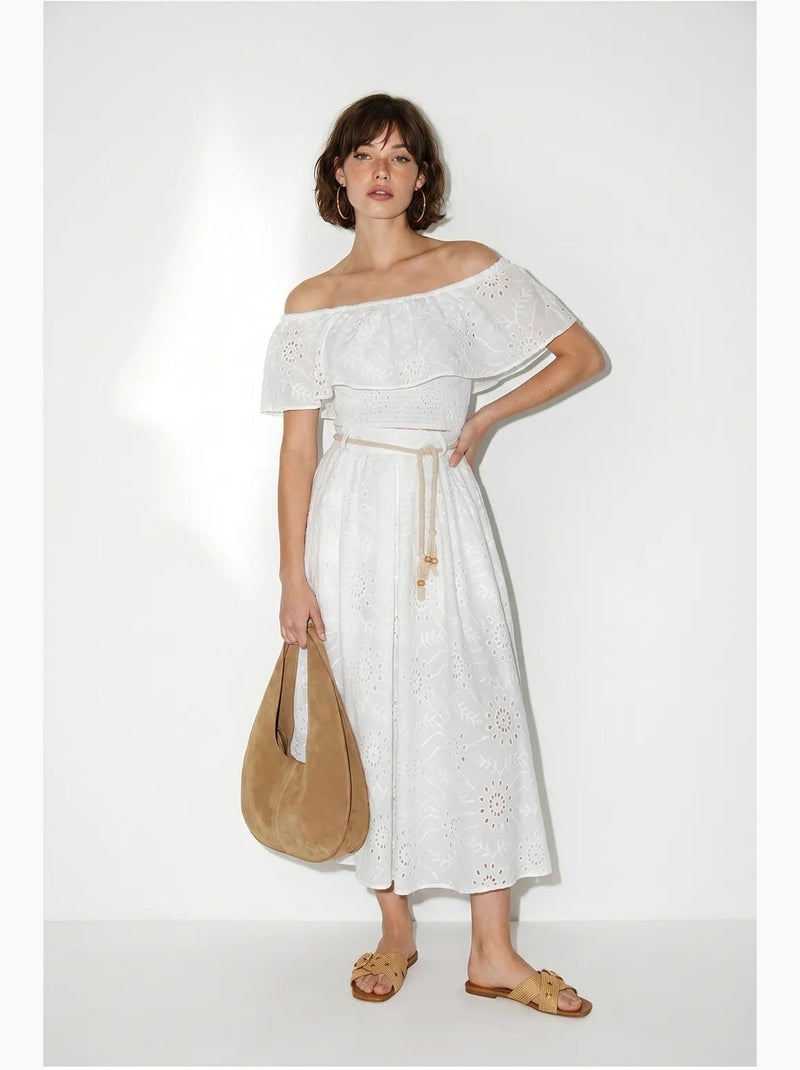 Conjunto de blusa bordada con escote bardot y falda midi lucci Blanco - Kiabi