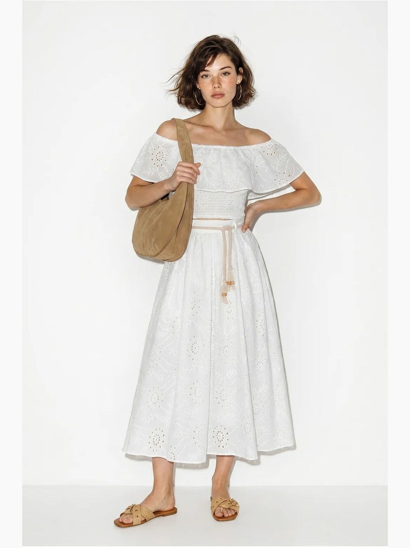 Conjunto de blusa bordada con escote bardot y falda midi lucci Blanco - Kiabi