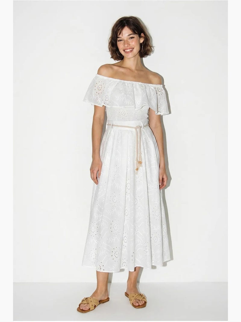 Conjunto de blusa bordada con escote bardot y falda midi lucci Blanco - Kiabi