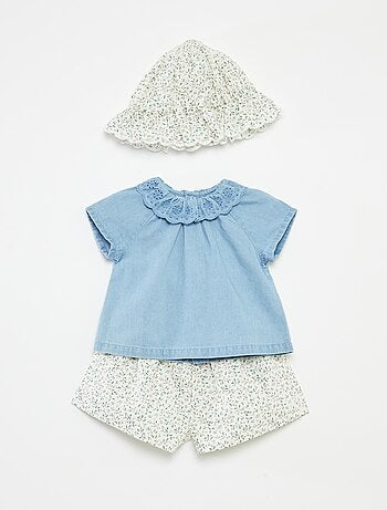 Conjunto de blusa de manga corta + pantalón corto + sombrero - 3 piezas