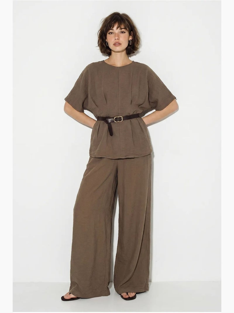 Conjunto de blusa de viscosa-lino y pantalón de pernera ancha lucci Marrón - Kiabi