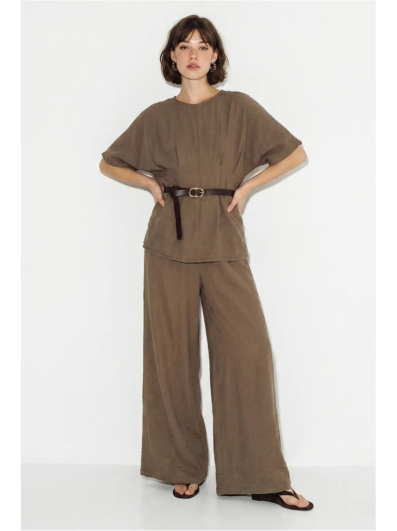 Conjunto de blusa de viscosa-lino y pantalón de pernera ancha lucci Marrón - Kiabi