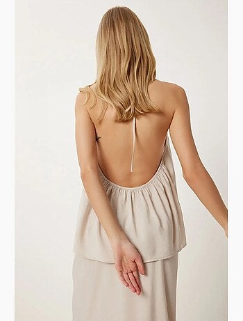 Conjunto de blusa halter con detalle de lazada y falda de pernera ancha istanbul