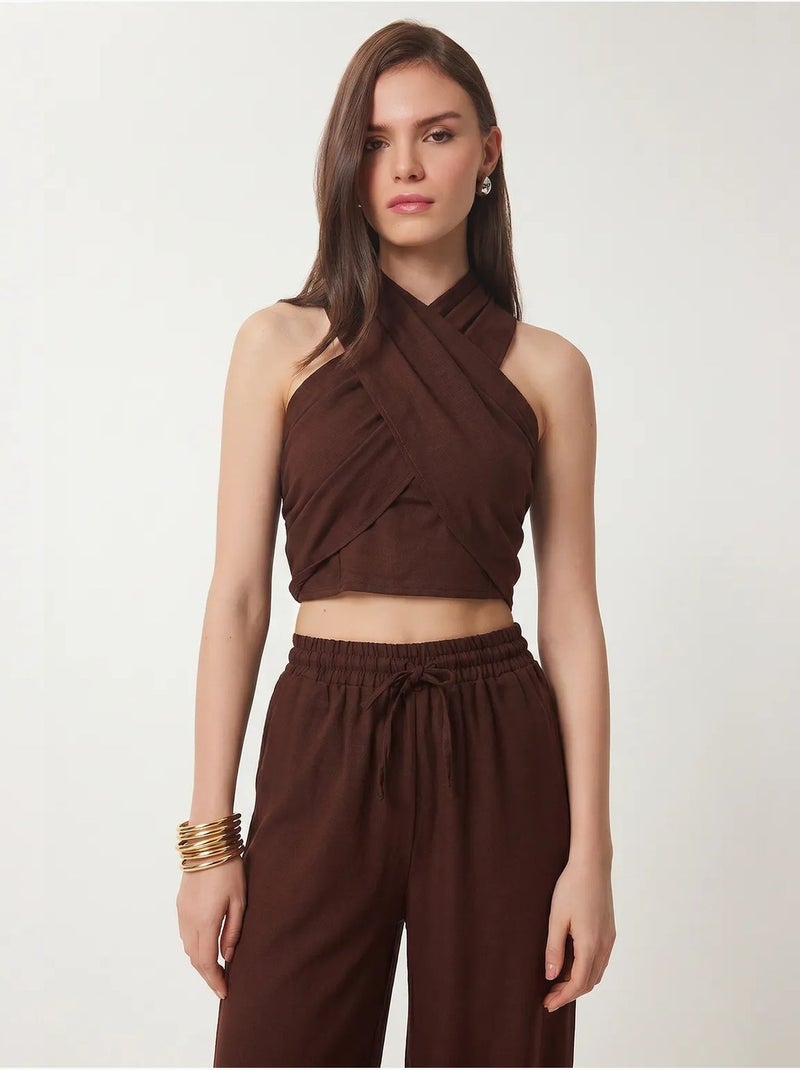 Conjunto de blusa halter y pantalones de pernera ancha istanbul Marrón - Kiabi