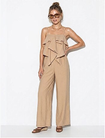 Conjunto de blusa palabra de honor con volante y pantalón de pernera ancha lucci