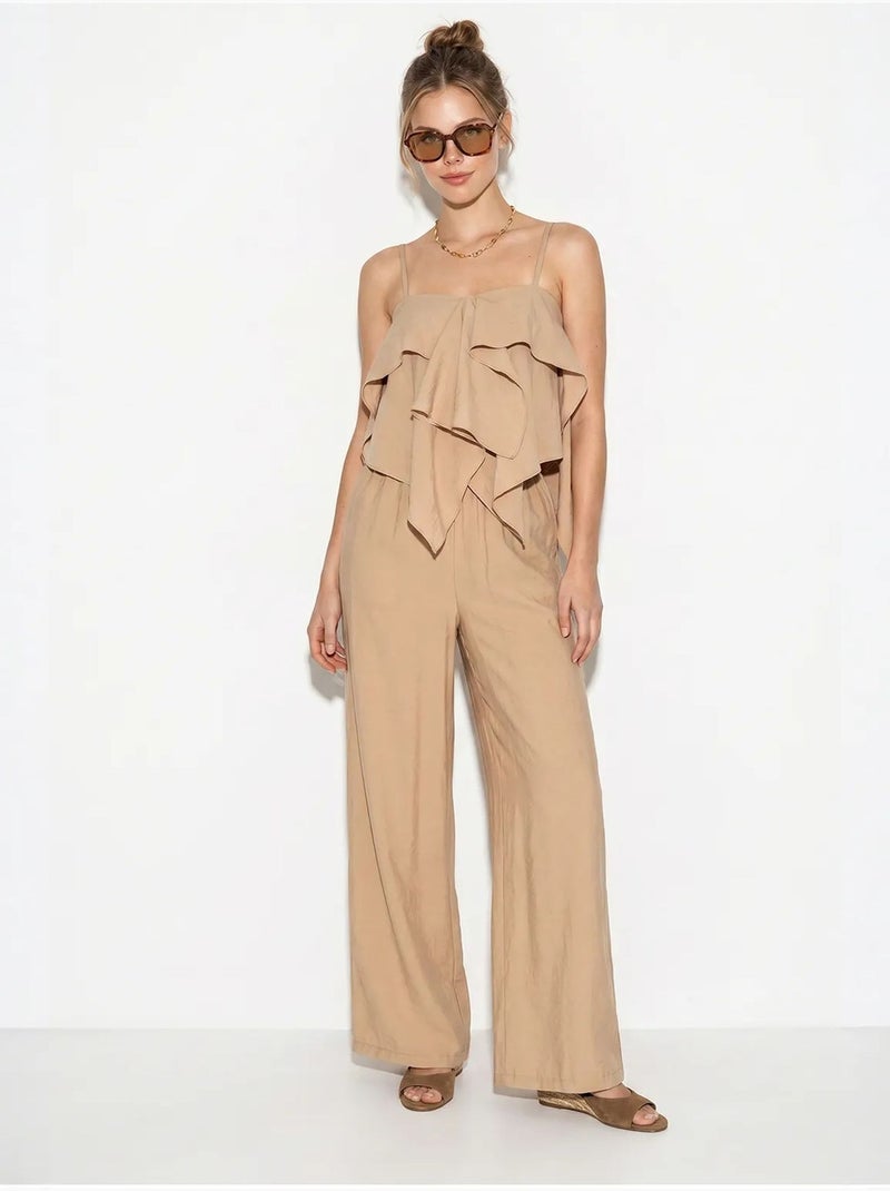 Conjunto de blusa palabra de honor con volante y pantalón de pernera ancha lucci Beige arcilla - Kiabi