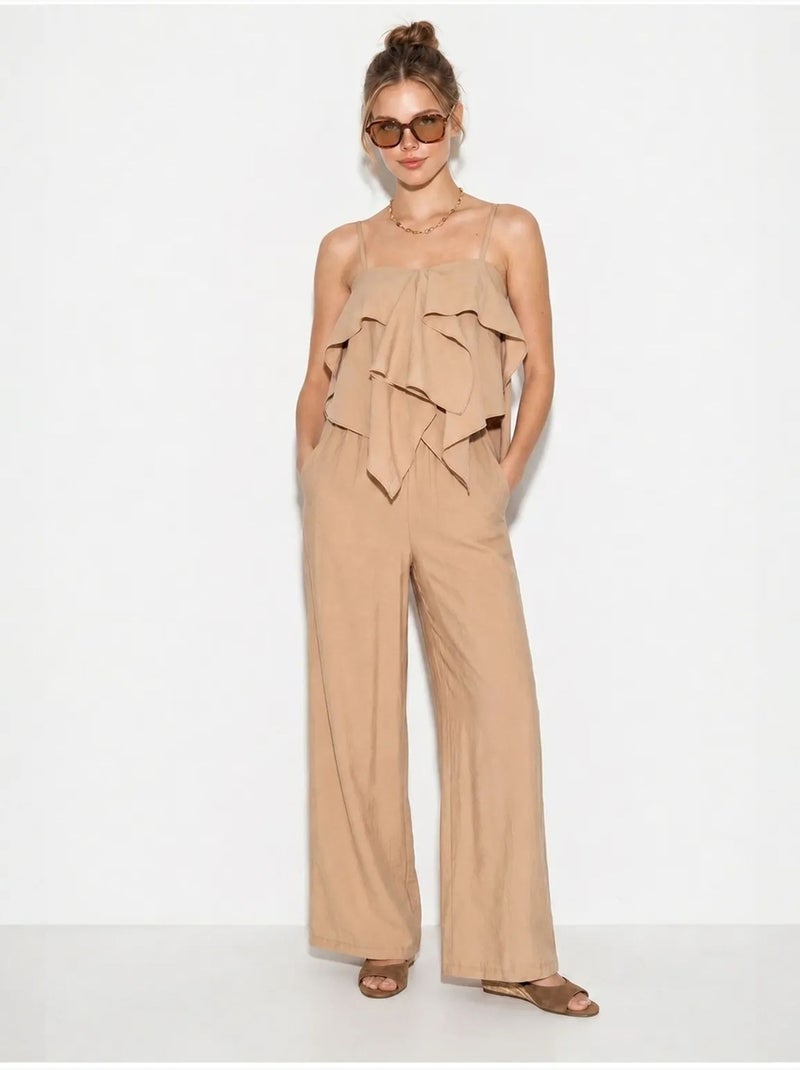 Conjunto de blusa palabra de honor con volante y pantalón de pernera ancha lucci Beige arcilla - Kiabi