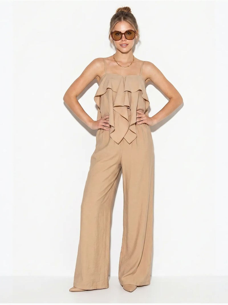 Conjunto de blusa palabra de honor con volante y pantalón de pernera ancha lucci Beige arcilla - Kiabi