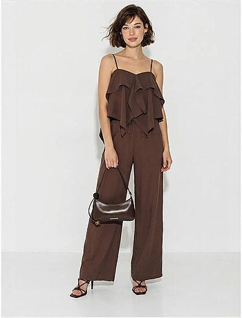 Conjunto de blusa palabra de honor con volante y pantalón de pernera ancha lucci
