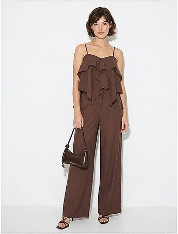 Conjunto de blusa palabra de honor con volante y pantalón de pernera ancha lucci