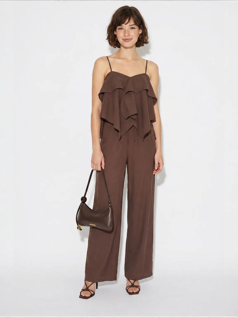 Conjunto de blusa palabra de honor con volante y pantalón de pernera ancha lucci Marrón chocolate - Kiabi