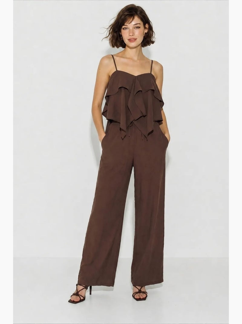 Conjunto de blusa palabra de honor con volante y pantalón de pernera ancha lucci Marrón chocolate - Kiabi