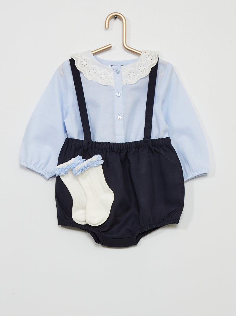 Conjunto de blusa + pantalón corto con tirantes + calcetines azul - Kiabi