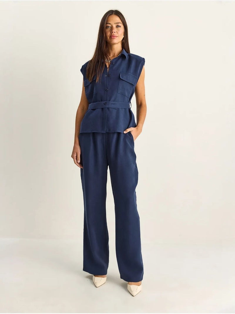 Conjunto de blusa sin mangas con cinturón y pantalón de pernera ancha lucci Azul marino - Kiabi
