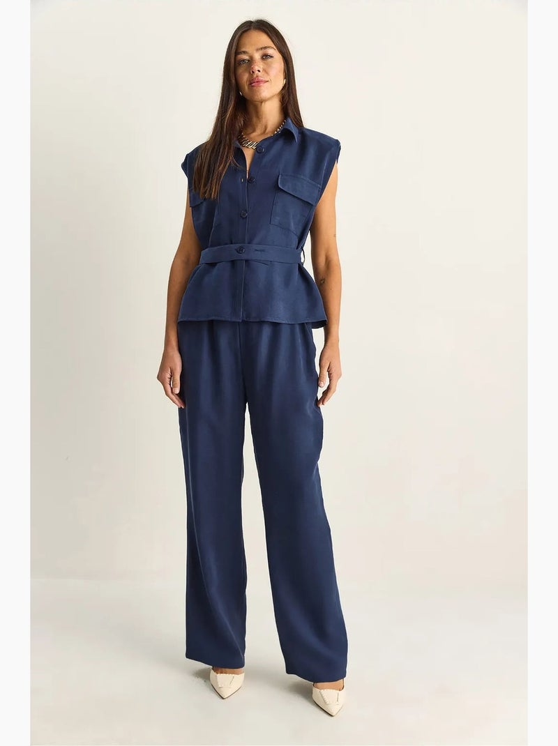 Conjunto de blusa sin mangas con cinturón y pantalón de pernera ancha lucci Azul marino - Kiabi