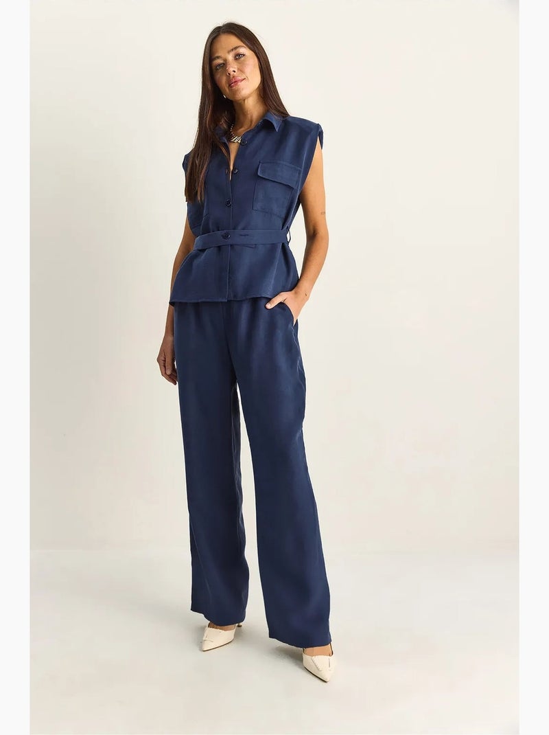 Conjunto de blusa sin mangas con cinturón y pantalón de pernera ancha lucci Azul marino - Kiabi