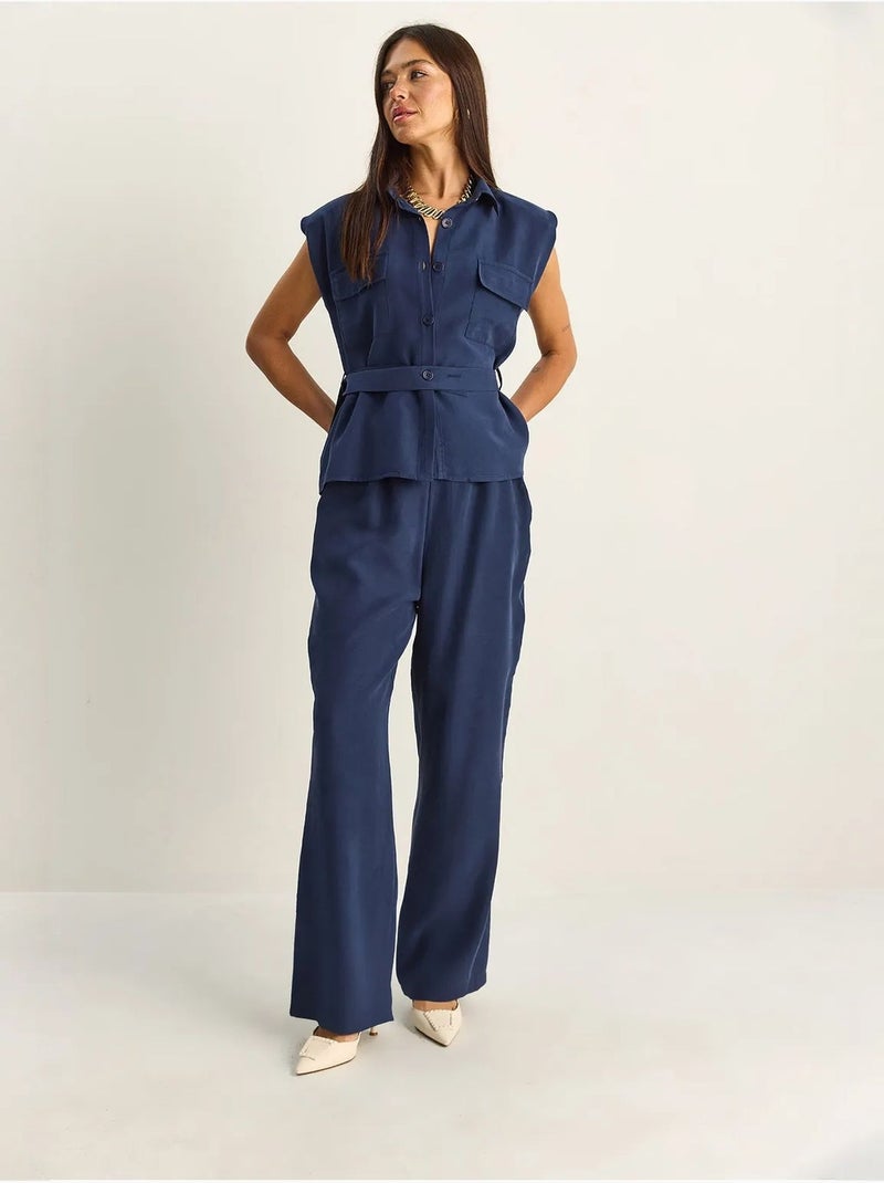 Conjunto de blusa sin mangas con cinturón y pantalón de pernera ancha lucci Azul marino - Kiabi