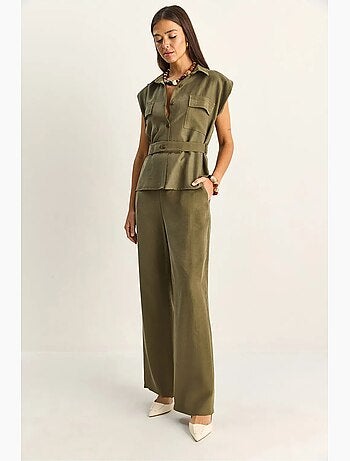 Conjunto de blusa sin mangas con cinturón y pantalón de pernera ancha lucci