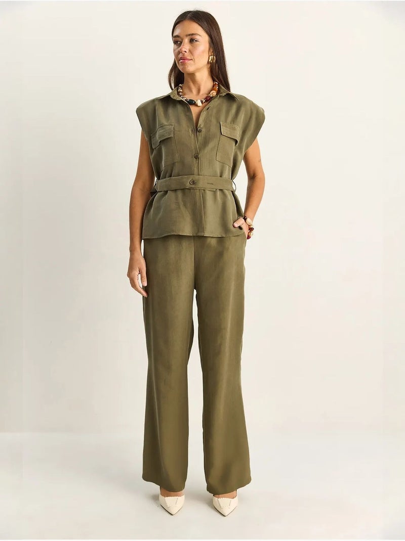 Conjunto de blusa sin mangas con cinturón y pantalón de pernera ancha lucci Caqui - Kiabi