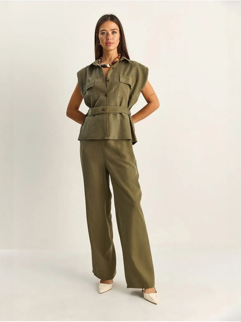 Conjunto de blusa sin mangas con cinturón y pantalón de pernera ancha lucci Caqui - Kiabi