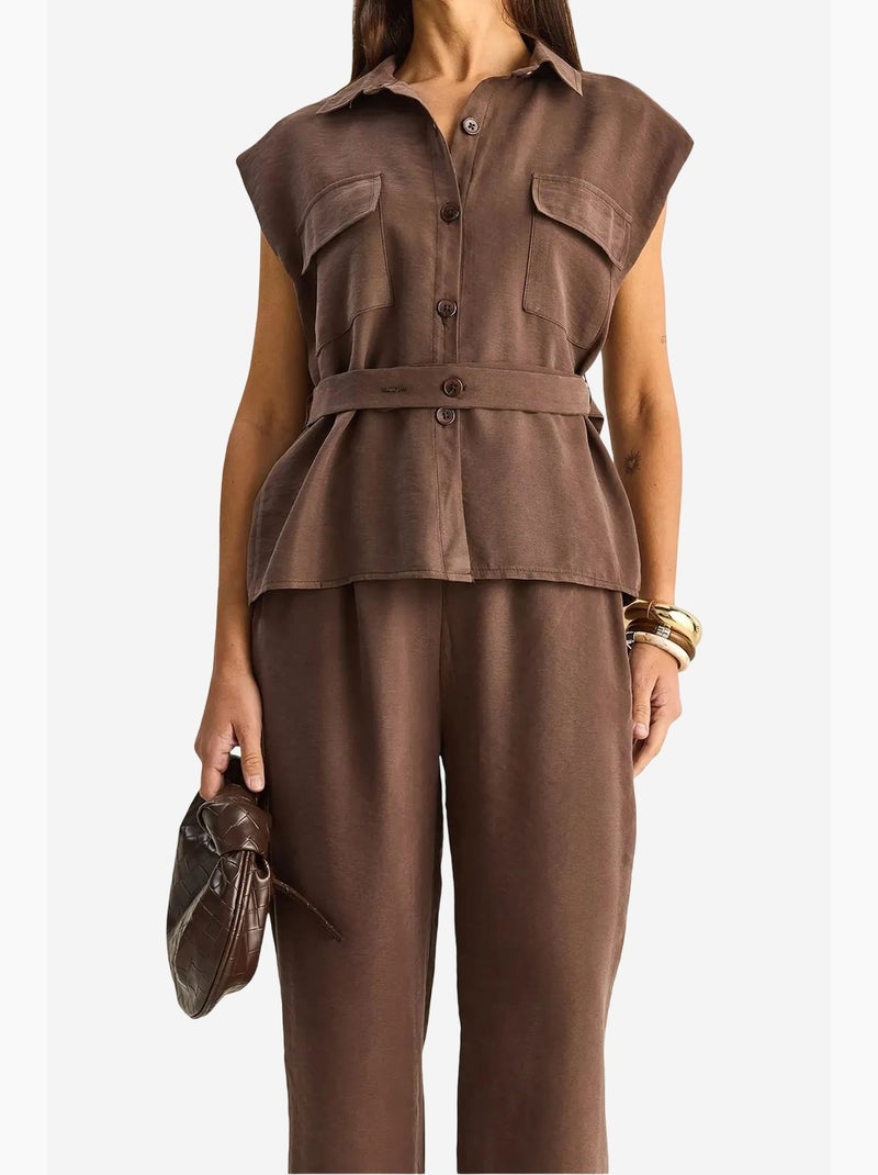 Conjunto de blusa sin mangas con cinturón y pantalón de pernera ancha lucci Marrón claro - Kiabi