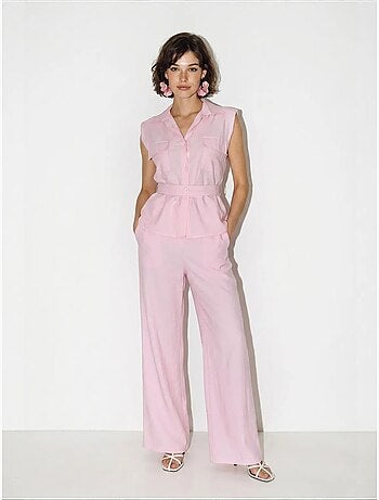 Conjunto de blusa sin mangas con cinturón y pantalón de pernera ancha lucci
