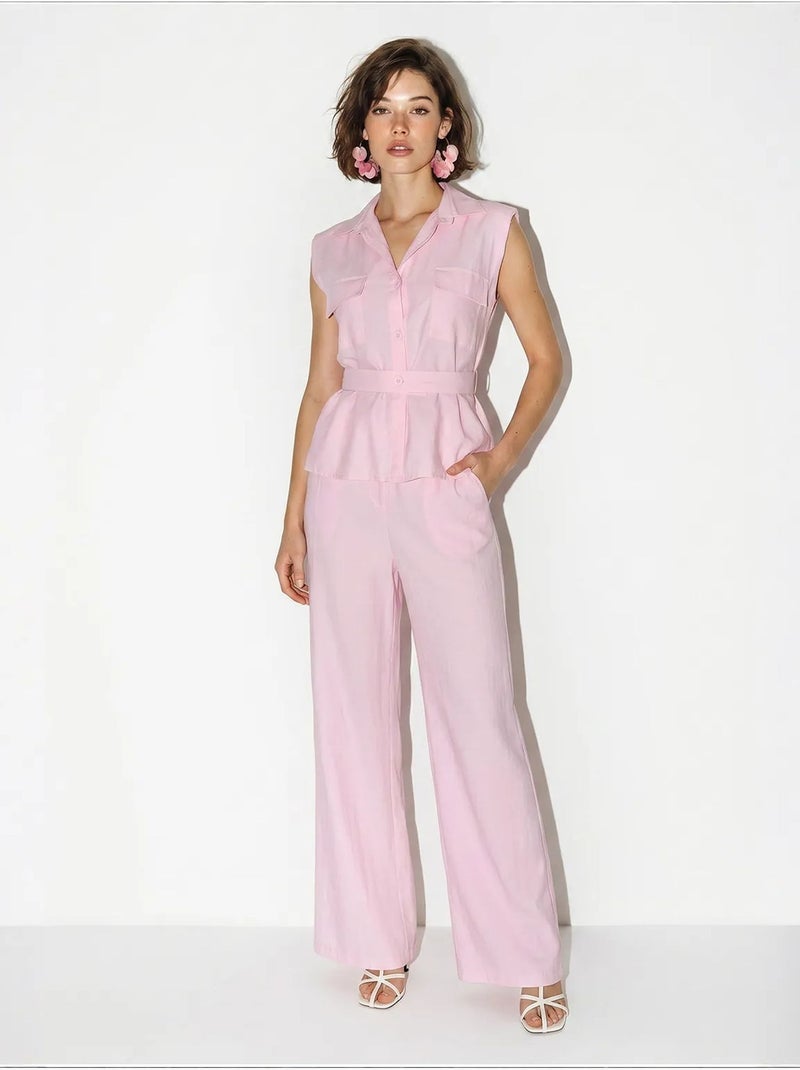 Conjunto de blusa sin mangas con cinturón y pantalón de pernera ancha lucci Rosa - Kiabi