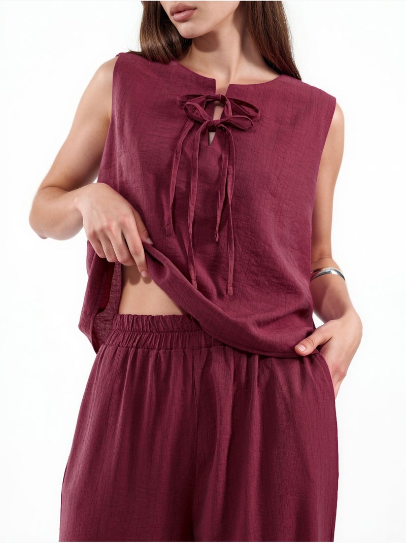 Conjunto de blusa sin mangas texturizada y pantalón de pernera ancha hiccup Rojo granate - Kiabi