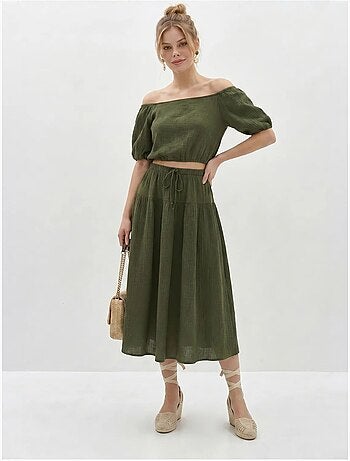 Conjunto de blusa y falda midi de seersucker de algodón lucci