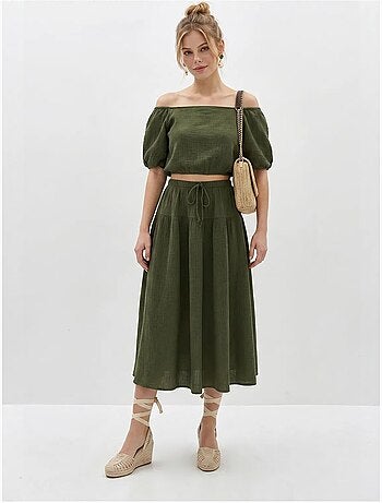 Conjunto de blusa y falda midi de seersucker de algodón lucci