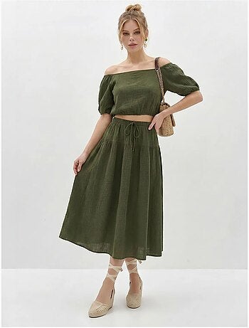 Conjunto de blusa y falda midi de seersucker de algodón lucci