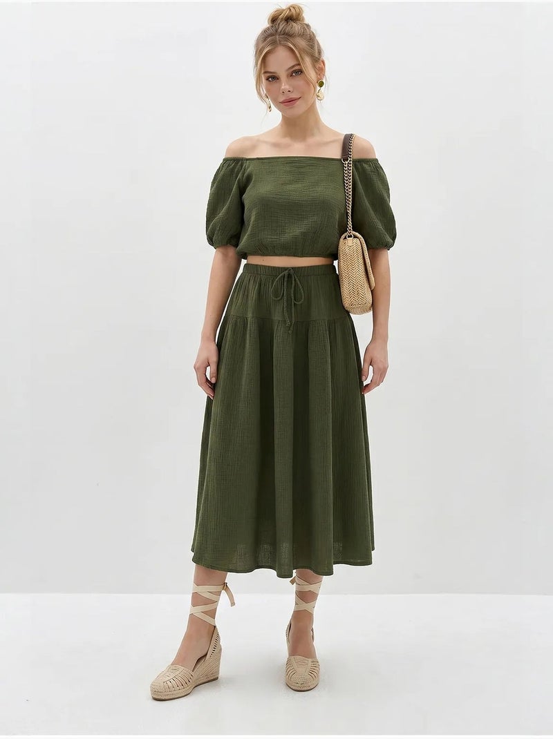 Conjunto de blusa y falda midi de seersucker de algodón lucci Caqui - Kiabi