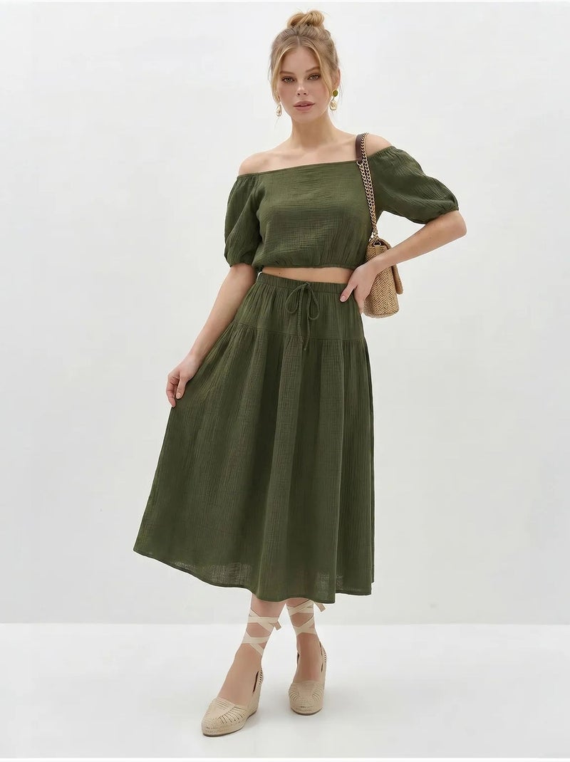 Conjunto de blusa y falda midi de seersucker de algodón lucci Caqui - Kiabi