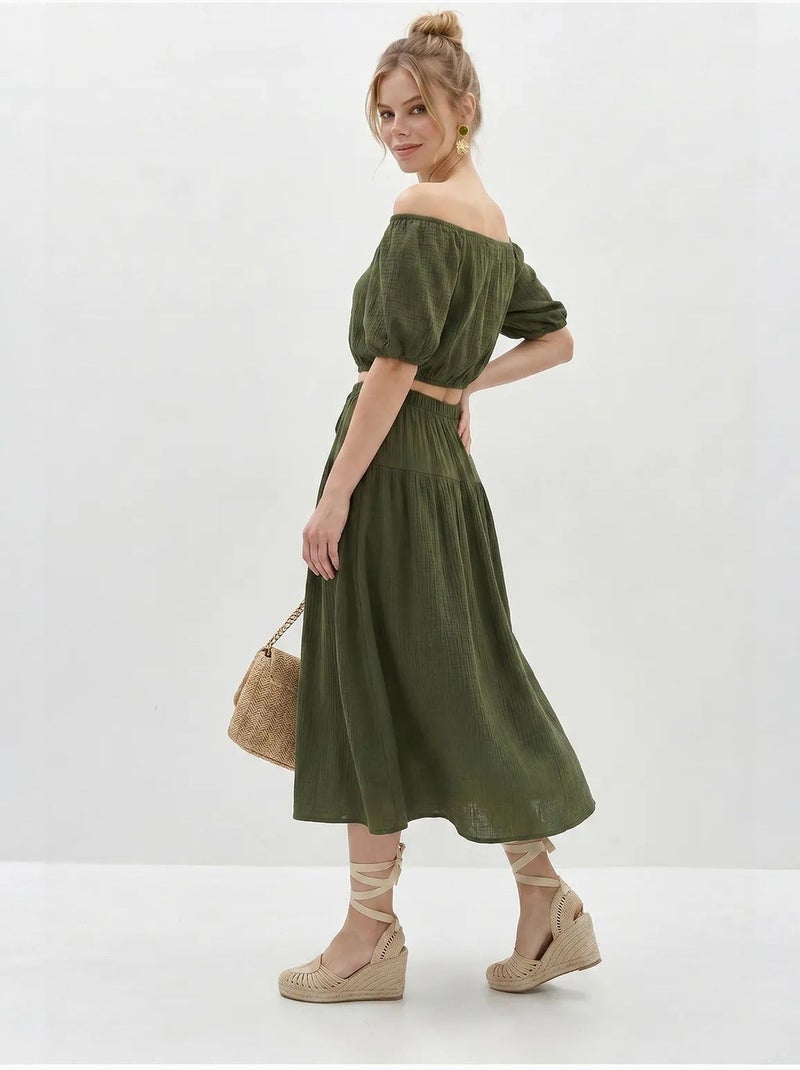 Conjunto de blusa y falda midi de seersucker de algodón lucci Caqui - Kiabi