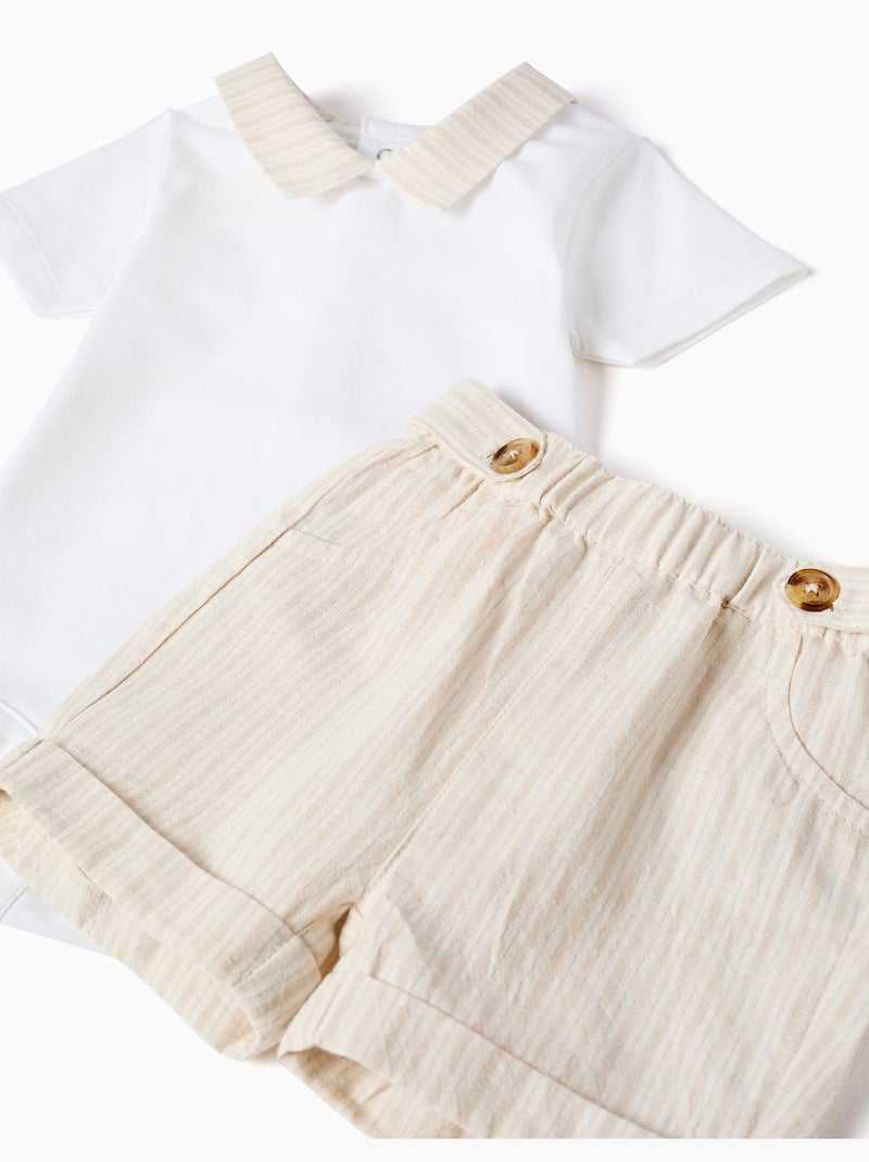 Conjunto de body de algodón + pantalón corto a rayas Beige claro - Kiabi