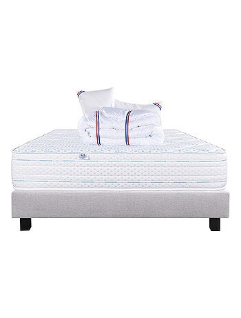 Conjunto de cama con colchón de espuma viscoelástica de 24 cm + somier gris + almohadas + edredón