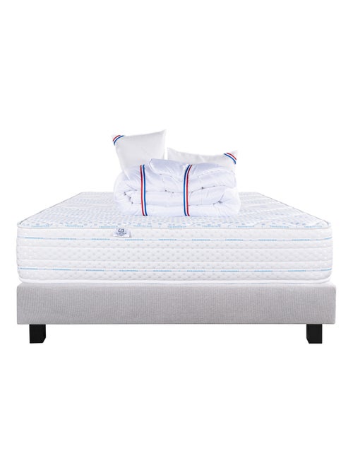 Conjunto de cama con colchón de espuma viscoelástica de 24 cm + somier gris + almohadas + edredón - Kiabi Conjunto de cama con colchón de espuma viscoelástica de 24 cm + somier gris + almohadas + edredón - Kiabi