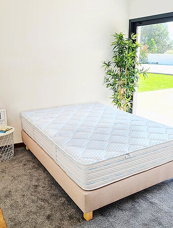 Conjunto de cama con colchón de espuma viscoelástica de 24 cm + somier tapizado beige