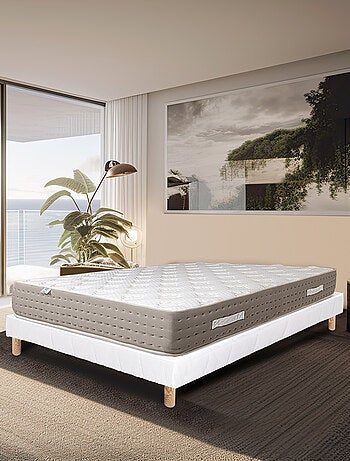 Conjunto de cama con colchón de muelles ensacados de 26 cm y somier de madera maciza blanco