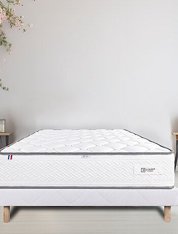 Conjunto de cama firme de 20 cm con colchón de espuma de alta densidad y somier tapizado blanco
